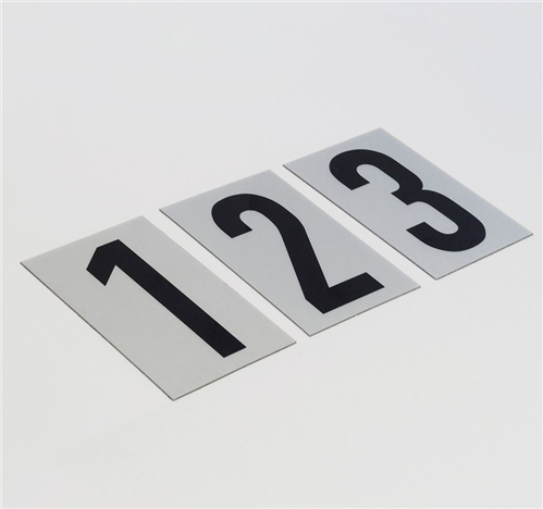 NUMBERS/NUMERALS  "BLACK ON SILVER" 85mm SELF ADHESIVE