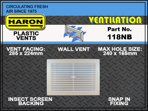 VENT PLASTIC WHITE WALL W / - BAFFLE 286 x 224mm