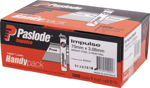 PASLODE IMPULSE (GAS) BRIGHT STEEL D HEAD NAIL HP PK1000 - 75 x 3.06mm