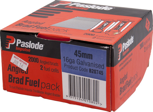 PASLODE IMPULSE (GAS) ANGLED BRADS 16GA BFP GALVANISED PK2000 - 45mm