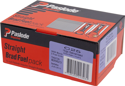 PASLODE IMPULSE (GAS) STRAIGHT BRADS 16GA C SERIES BFP PK3000 - 25mm