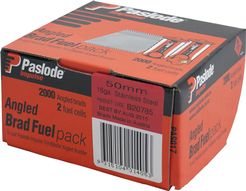 PASLODE IMPULSE (GAS) ANGLED BRADS 16GA STAINLESS STEEL PK2000 -50mm