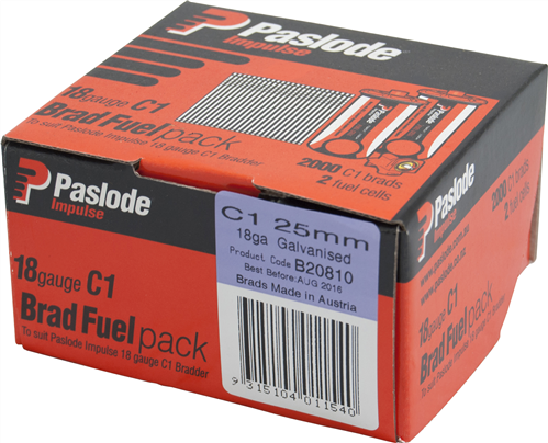 PASLODE IMPULSE (GAS) STRAIGHT BRAD GALVANISED 18G C1 SERIES PK2000 - 25mm