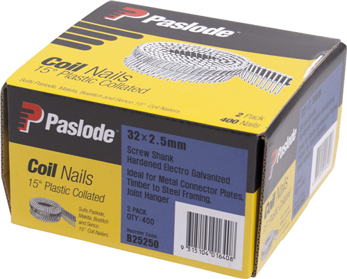 PASLODE ELECTRO GALVANISED 15° COLLATED NAIL HARD PK400 X2  - 32x2.5mm