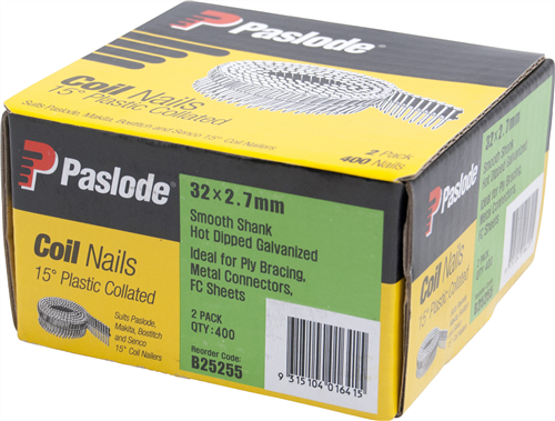 PASLODE  HD GALVANISED 15° PLASTIC COLLATED COIL NAILS PK400 X 2 - 32 x 2.7mm