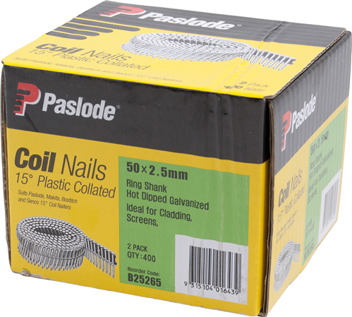 PASLODE  HD GALVANISED 15° PLASTIC COLLATED COIL RING NAILS PK400 X 2  - 50 x 2.5mm