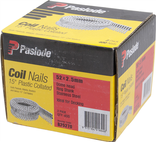 PASLODE  STAINLESS STEEL 15° PLASTIC COLLATED COIL RING DOME PK400 X 2 - 52 x 2.5mm