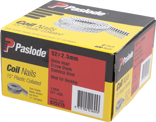 PASLODE  STAINLESS STEEL 15° PLASTIC COLLATED COIL DOME SCREW PK400 X 2 - 52 x 2.5mm