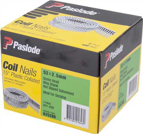 PASLODE  HD GALVANISED 15° PLASTIC COLLATED COIL RING DOME NAILS PK400 X 2 - 52 x 2.5mm