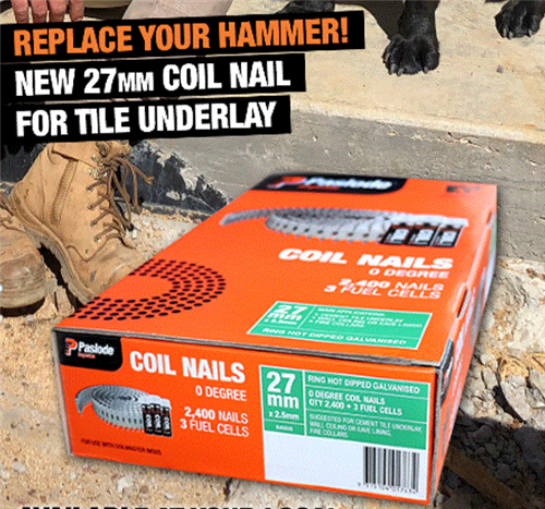PASLODE COILMASTER CEMENT TILE UNDERLAY NAILS Ring HDG Hot Dipped Galv. 27 x 2.7mm PK2400 & 3 Fuel Cells