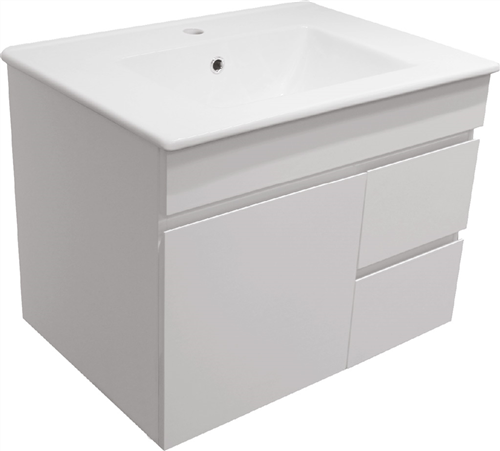 VANITY UNIT FRESCO WALL MOUNT 1 DOOR 2 DRAWER RH WHITE 700 x 495mm