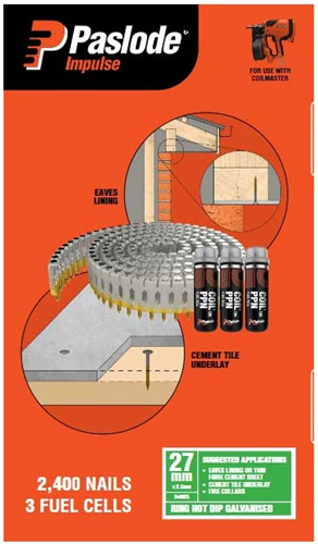 PASLODE COILMASTER CEMENT TILE UNDERLAY NAILS Ring HDG Hot Dipped Galv. 27 x 2.5mm PK2400 & 3 Fuel Cells