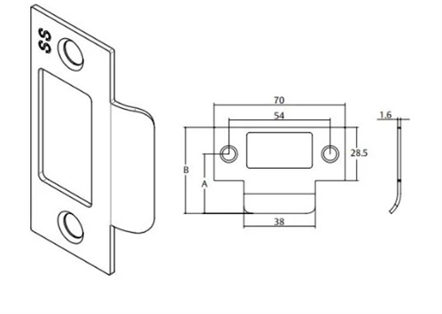 EXTENDED T STRIKE  PLATE  43.5 LIP 70 X 58 SATIN STAINLESS STEEL