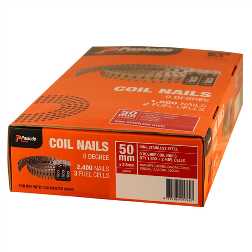 PASLODE COILMASTER COIL NAILS 50 x 2.5mm RING SS Stainless Steel 1,600 Nails and 2 Fuel Cells